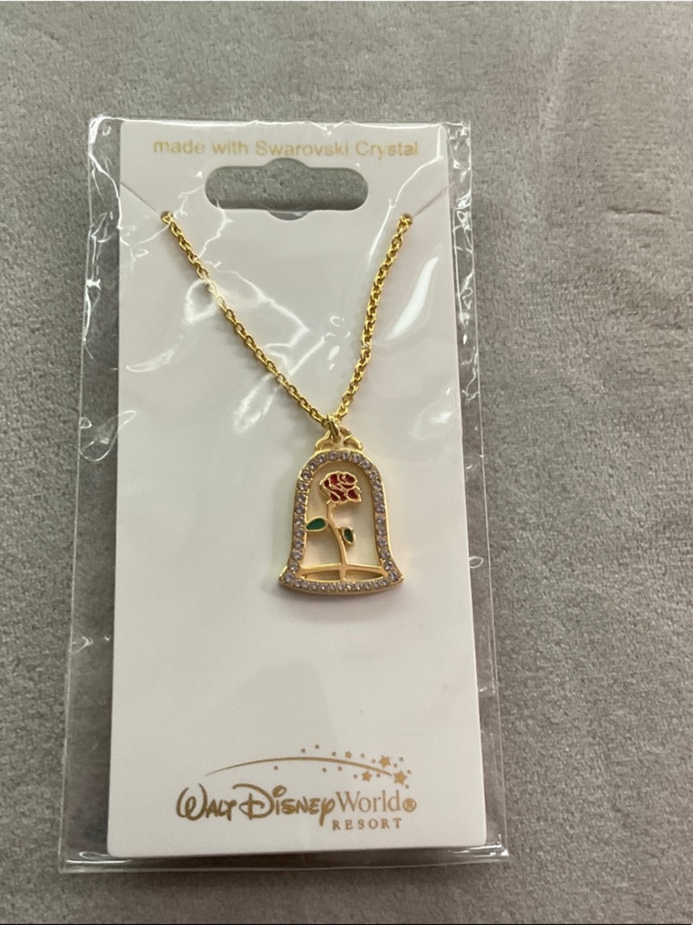 Disney Gold Bell Pendant Necklace with Red Rose and Green Leaf